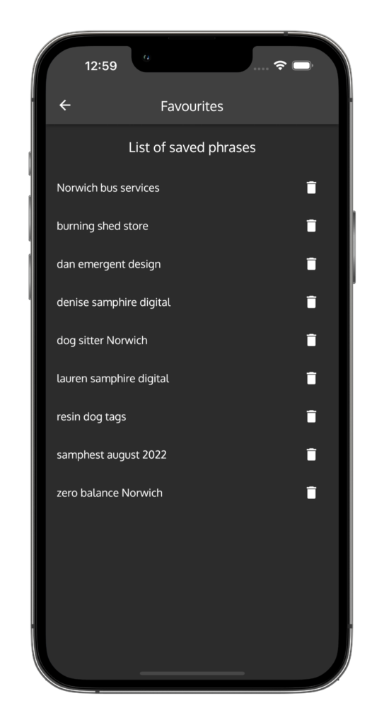List of saved favourites on the Words.Tel app