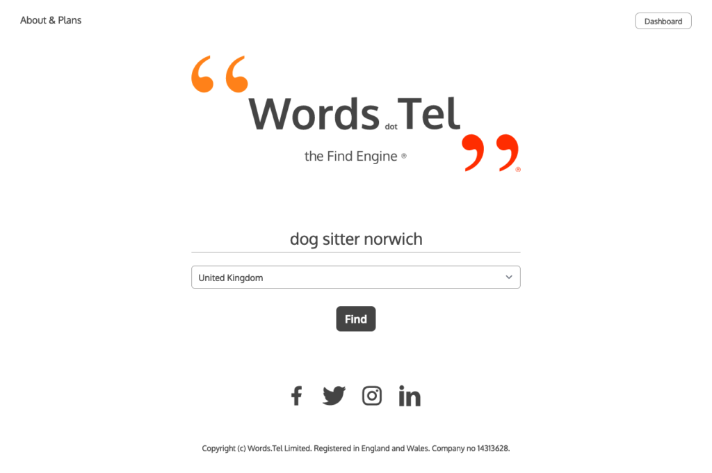 Words.Tel Website Landing Page with search bar
